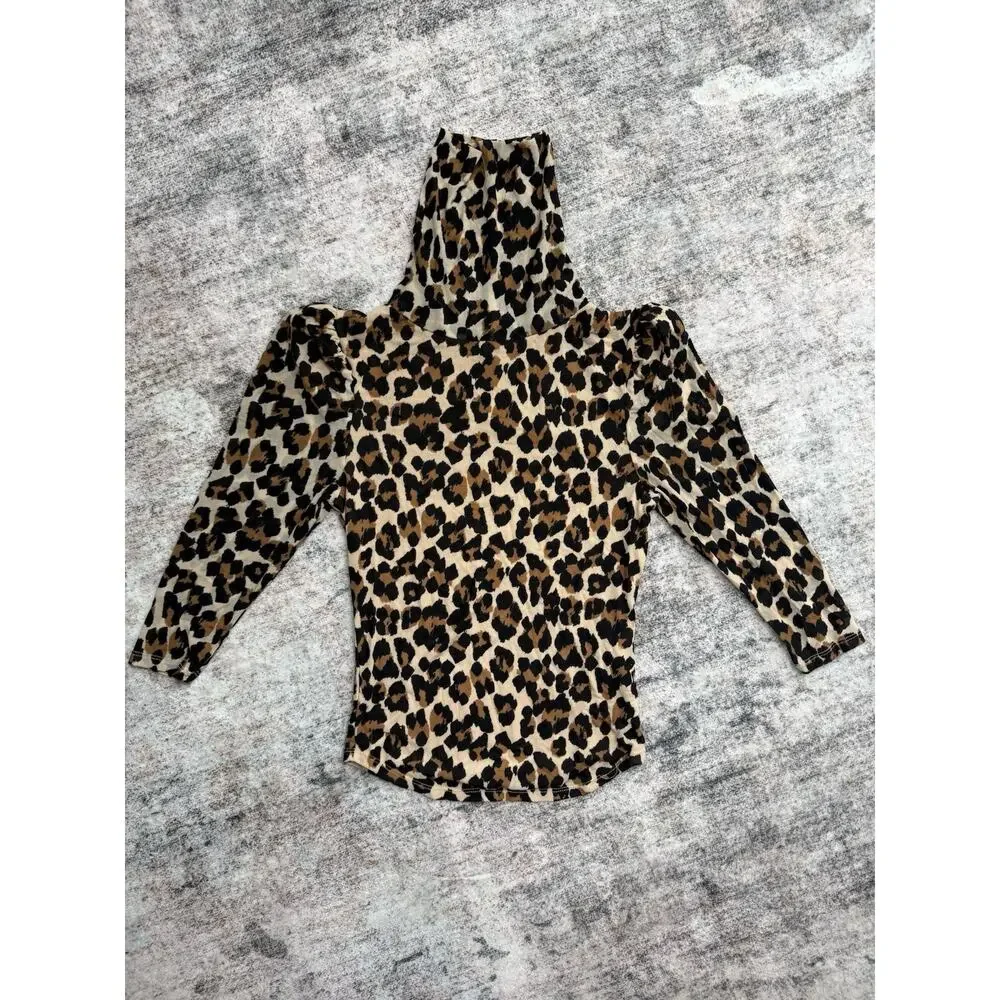 Free People Women's Gather Leopard Turtleneck Mesh Top Sz XS Animal Print